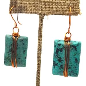 Copper Wire Wrapped Cushion Turquoise Earrings